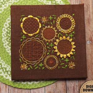 Sunflower Embroidery Pattern, Stitch Sampler, Floral Embroidery, Primitive Decor, Farmhouse Decor, Hand Embroidery, Digital Download, Summer image 2