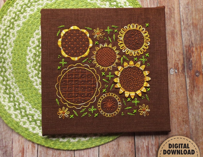 Sunflower Embroidery Pattern, Stitch Sampler, Floral Embroidery, Primitive Decor, Farmhouse Decor, Hand Embroidery, Digital Download, Summer image 2