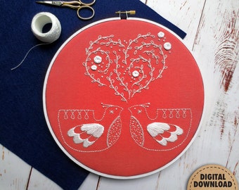 Love Birds Embroidery Pattern, Scandi Birds, Scandinavian Folk Art, Bird Embroidery Pattern, Spring Embroidery Hoop Art, Hand Embroidery