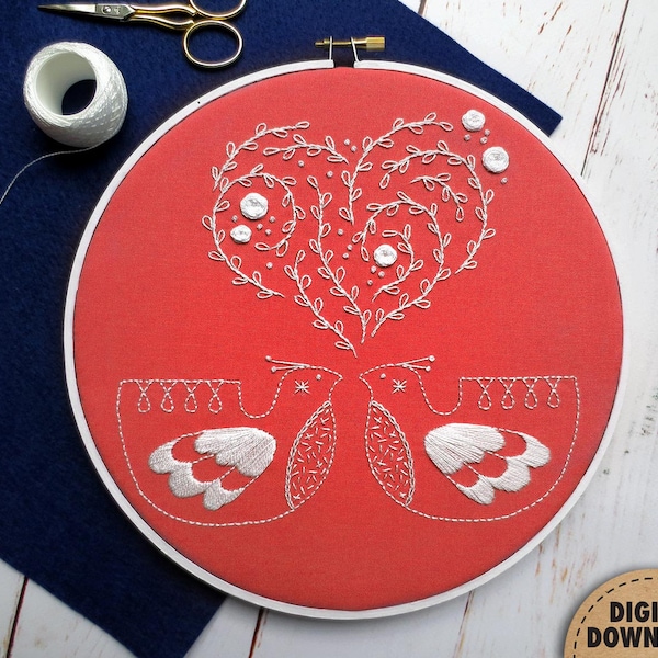 Love Birds Embroidery Pattern, Scandi Birds, Scandinavian Folk Art, Bird Embroidery Pattern, Spring Embroidery Hoop Art, Hand Embroidery