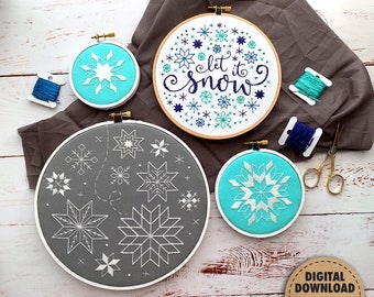 Winter Embroidery Pattern Bundle, Snowflake Embroidery Designs, Let It Snow, Quilt Star, Snowflake Ornament, Stitch Sampler, Hand Embroidery