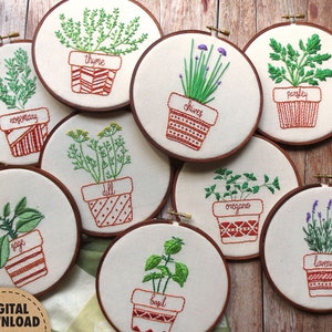 Herb Embroidery Pattern Bundle, Botanical Art, Basil, Dill, Lavender, Parsley, Rosemary, Sage, Thyme, Herb Garden, Beginner Hand Embroidery