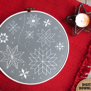 Snowflake Embroidery Pattern, Downloadable Pattern, Snowflakes, Winter Decor, Stitch Sampler, Hand Embroidery Pattern, Neutral Christmas