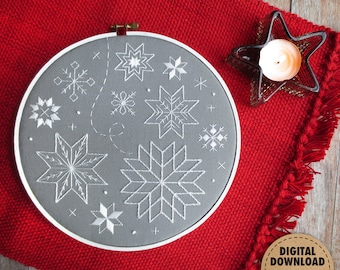 Snowflake Embroidery Pattern, Downloadable Pattern, Snowflakes, Winter Decor, Stitch Sampler, Hand Embroidery Pattern, Neutral Christmas