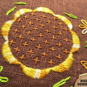 Sunflower Embroidery Pattern, Stitch Sampler, Floral Embroidery, Primitive Decor, Farmhouse Decor, Hand Embroidery, Digital Download, Summer image 3