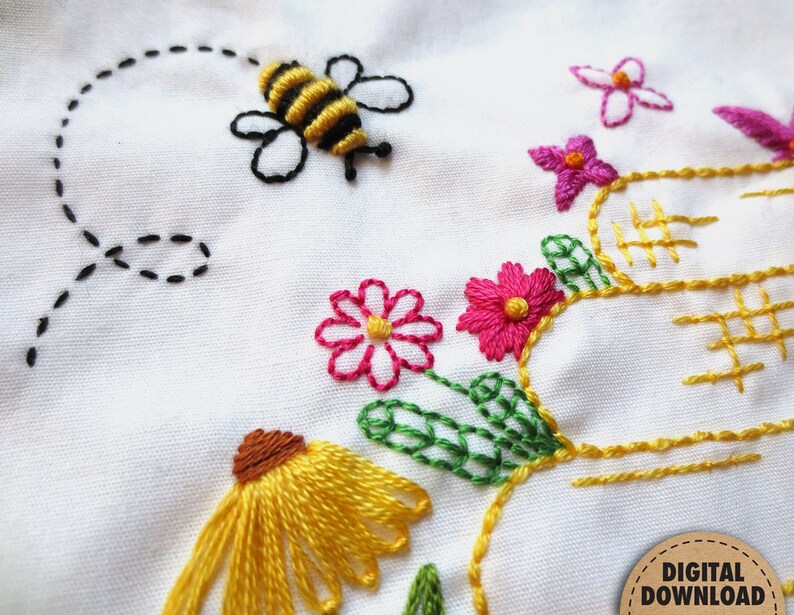 Bee Embroidery Pattern, Beehive, Honeybees, Honey Bee Decor, Beekeeper Gift, Bumblebee, Make Life Sweet, Floral Embroidery, Digital Download image 6