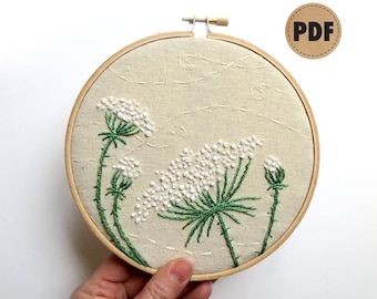 Queen Annes Lace, PDF Embroidery Pattern, DIY Crafts, Farmhouse Decor, Neutral Wall Art, Rustic Home Decor, Hand Embroidery Hoop Wall Art