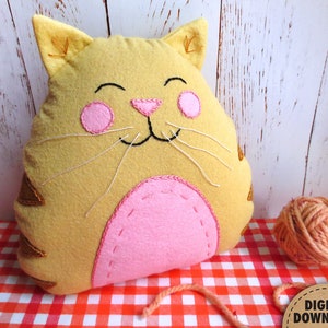 Cat Pillow Pattern, Cat Stuffed Animal Pattern, Plush Cat Sewing Pattern, Felt Applique, Hand Embroidery, Wool Felt Animals, Felt Cat, Tiger