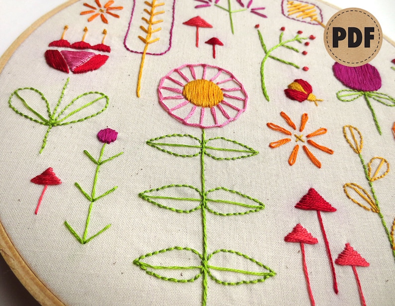 Beginner Embroidery Sampler, Retro Modern, Flower Embroidery Design, Downloadable Pattern, Scandinavian Folk Art, DIY Crafts, Summer Garden image 3