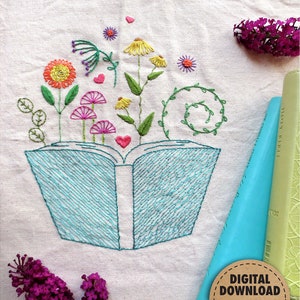 Floral Book Embroidery Pattern, Garden Embroidery Design, Booklover Gifts, Reading Nook Decor, Stitch Sampler, Hand Embroidery, DIY Tote Bag image 1