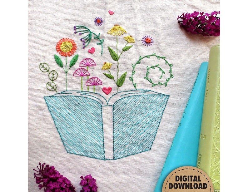 Floral Book Embroidery Pattern, Garden Embroidery Design, Booklover Gifts, Reading Nook Decor, Stitch Sampler, Hand Embroidery, DIY Tote Bag image 1