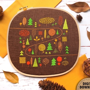 Fall Trees Embroidery Pattern, Woodland Embroidery Design, Autumn Leaves, Fall Forest, Stitch Sampler, Autumn Decor, Downloadable Pattern