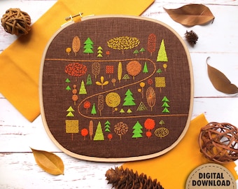 Fall Trees Embroidery Pattern, Woodland Embroidery Design, Autumn Leaves, Fall Forest, Stitch Sampler, Autumn Decor, Downloadable Pattern