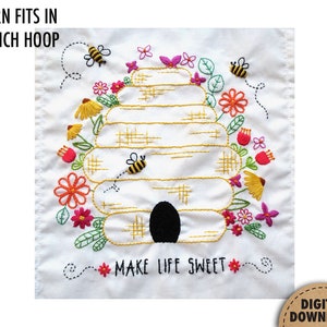 Bee Embroidery Pattern, Beehive, Honeybees, Honey Bee Decor, Beekeeper Gift, Bumblebee, Make Life Sweet, Floral Embroidery, Digital Download image 2