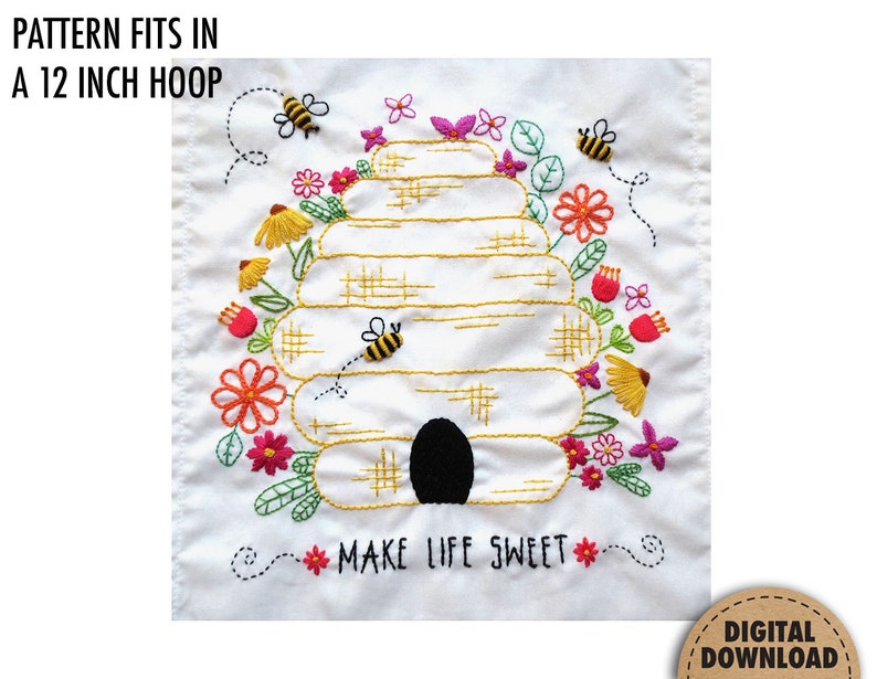 Bee Embroidery Pattern, Beehive, Honeybees, Honey Bee Decor, Beekeeper Gift, Bumblebee, Make Life Sweet, Floral Embroidery, Digital Download image 2