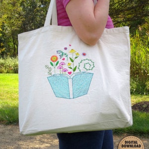 Floral Book Embroidery Pattern, Garden Embroidery Design, Booklover Gifts, Reading Nook Decor, Stitch Sampler, Hand Embroidery, DIY Tote Bag image 2