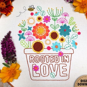 Rooted in Love, Potted Plant Embroidery, Floral Bouquet, Ephesians 3:17, Scripture Art, Plant Embroidery Pattern, Stitch Sampler, Digital image 1