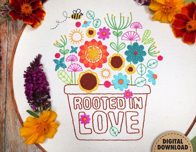 Rooted in Love, Potted Plant Embroidery, Floral Bouquet, Ephesians 3:17, Scripture Art, Plant Embroidery Pattern, Stitch Sampler, Digital image 1