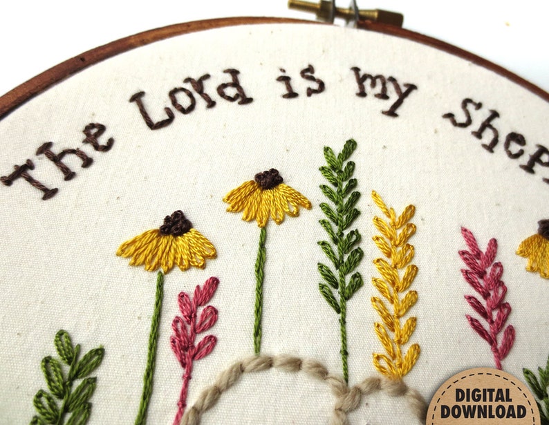 Psalm 23, The Lord is my Shepherd, Sheep Embroidery Pattern, Bible Verse, Primitive Easter Spring Decor, Christian Nursery, Instant Download image 3