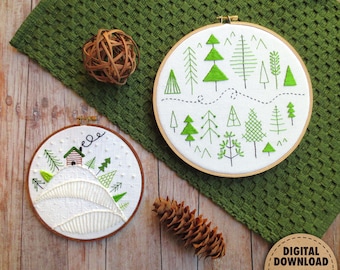 Forest Embroidery Pattern Bundle, Pine Trees, Winter Decor, Cozy Cabin, Snowy Trees, Snow Covered, Woodland Embroidery, Hand Embroidery