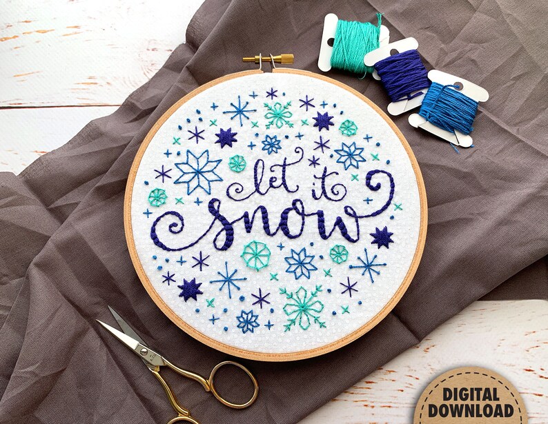 Let It Snow Embroidery Pattern, Snowflakes, Winter Embroidery, Holiday Decor, Snowfall, Christmas, Hand Embroidery, Whimsical, Downloadable image 1