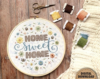 Home Sweet Home Embroidery Pattern, Pastel Color Palette, Spring Embroidery Design, Feminine Florals, Bees, Housewarming Gift, Digital File