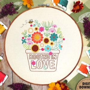 Rooted in Love, Potted Plant Embroidery, Floral Bouquet, Ephesians 3:17, Scripture Art, Plant Embroidery Pattern, Stitch Sampler, Digital image 2