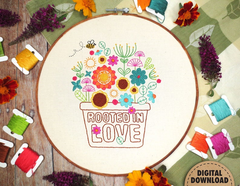 Rooted in Love, Potted Plant Embroidery, Floral Bouquet, Ephesians 3:17, Scripture Art, Plant Embroidery Pattern, Stitch Sampler, Digital image 2