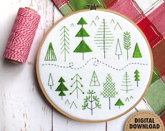 Forest, Beginner Embroidery Pattern, Scandinavian Modern, Folk Art Pattern, Stitch Sampler, Pine Trees, Woodland, Modern Embroidery Pattern