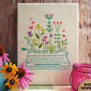 Floral Embroidery Pattern, Retro Embroidery Design, Vintage Typewriter, Wildflower Garden, Stitch Sampler, Hand Embroidery, Gift for Writers