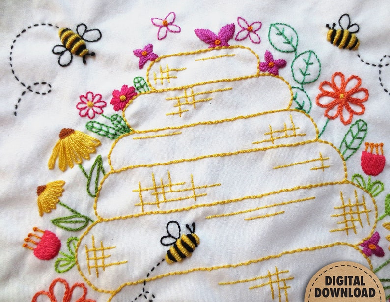 Bee Embroidery Pattern, Beehive, Honeybees, Honey Bee Decor, Beekeeper Gift, Bumblebee, Make Life Sweet, Floral Embroidery, Digital Download image 4