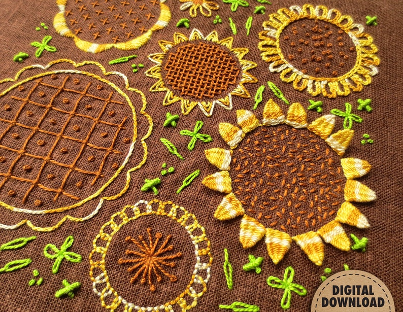 Sunflower Embroidery Pattern, Stitch Sampler, Floral Embroidery, Primitive Decor, Farmhouse Decor, Hand Embroidery, Digital Download, Summer image 1