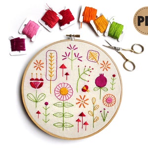 Beginner Embroidery Sampler, Retro Modern, Flower Embroidery Design, Downloadable Pattern, Scandinavian Folk Art, DIY Crafts, Summer Garden image 4