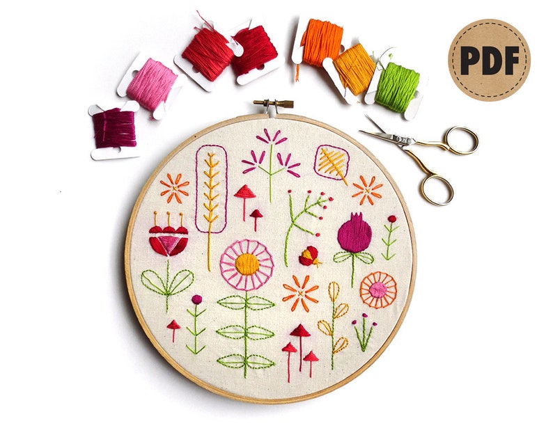 Beginner Embroidery Sampler, Retro Modern, Flower Embroidery Design, Downloadable Pattern, Scandinavian Folk Art, DIY Crafts, Summer Garden image 4