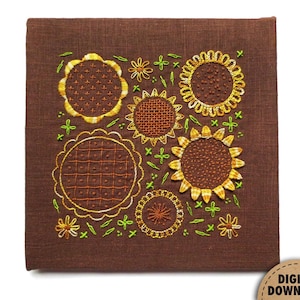 Sunflower Embroidery Pattern, Stitch Sampler, Floral Embroidery, Primitive Decor, Farmhouse Decor, Hand Embroidery, Digital Download, Summer image 7