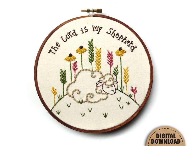 Psalm 23, The Lord is my Shepherd, Sheep Embroidery Pattern, Bible Verse, Primitive Easter Spring Decor, Christian Nursery, Instant Download image 5