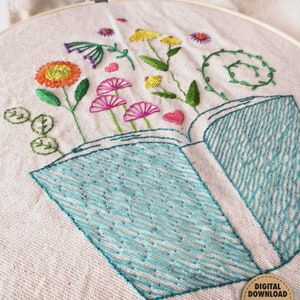 Floral Book Embroidery Pattern, Garden Embroidery Design, Booklover Gifts, Reading Nook Decor, Stitch Sampler, Hand Embroidery, DIY Tote Bag image 3