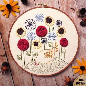 Chicken Embroidery Pattern, Hen Embroidery, Autumn Embroidery, Primitive Fall Decor, Fall Floral, Stitch Sampler, Hand Embroidery, Farmhouse