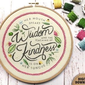Proverbs 31, Embroidery Pattern, Kindness, Wisdom, Inspirational Quote, Shabby Chic, Mothers Day Gift, Christian Mom Gift, Hand Embroidery image 1