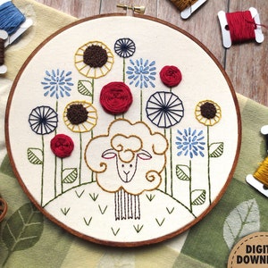 Sheep Embroidery Pattern, Country Decor, Farmhouse Art, Primitive Easter, Autumn Embroidery, Floral, Hand Embroidery, Stitch Sampler, Rustic