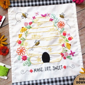 Bee Embroidery Pattern, Beehive, Honeybees, Honey Bee Decor, Beekeeper Gift, Bumblebee, Make Life Sweet, Floral Embroidery, Digital Download image 1