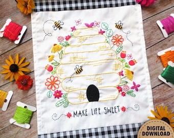 Bee Embroidery Pattern, Beehive, Honeybees, Honey Bee Decor, Beekeeper Gift, Bumblebee, Make Life Sweet, Floral Embroidery, Digital Download