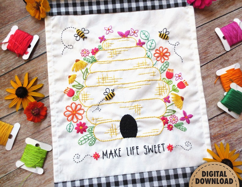 Bee Embroidery Pattern, Beehive, Honeybees, Honey Bee Decor, Beekeeper Gift, Bumblebee, Make Life Sweet, Floral Embroidery, Digital Download image 1