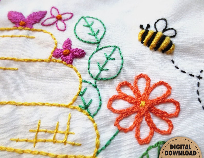 Bee Embroidery Pattern, Beehive, Honeybees, Honey Bee Decor, Beekeeper Gift, Bumblebee, Make Life Sweet, Floral Embroidery, Digital Download image 5