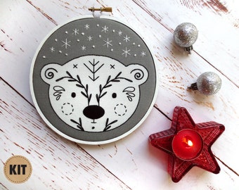 Polar Bear Embroidery Design, Beginner Embroidery Kit, Folk Art Christmas Decor, Polar Bear Nursery Art, Winter Crafts, Grey Stitch Sampler