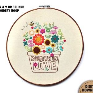 Rooted in Love, Potted Plant Embroidery, Floral Bouquet, Ephesians 3:17, Scripture Art, Plant Embroidery Pattern, Stitch Sampler, Digital image 3