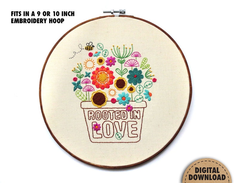 Rooted in Love, Potted Plant Embroidery, Floral Bouquet, Ephesians 3:17, Scripture Art, Plant Embroidery Pattern, Stitch Sampler, Digital image 3