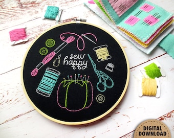 Sew Happy Embroidery Pattern, Sewing Notions, Digital Download, Drawstring Bag Pattern, Project Bag Sewing Pattern, Hand Embroidery, Retro