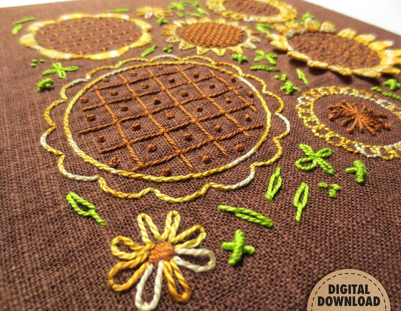 Sunflower Embroidery Pattern, Stitch Sampler, Floral Embroidery, Primitive Decor, Farmhouse Decor, Hand Embroidery, Digital Download, Summer image 4