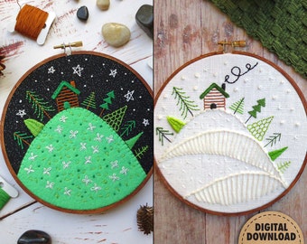 Woodland Embroidery Pattern Bundle, Mountain Cabin, Pine Trees, Woods, Snow Covered, Flowers, Summer, Winter, Hand Embroidery, Felt Applique